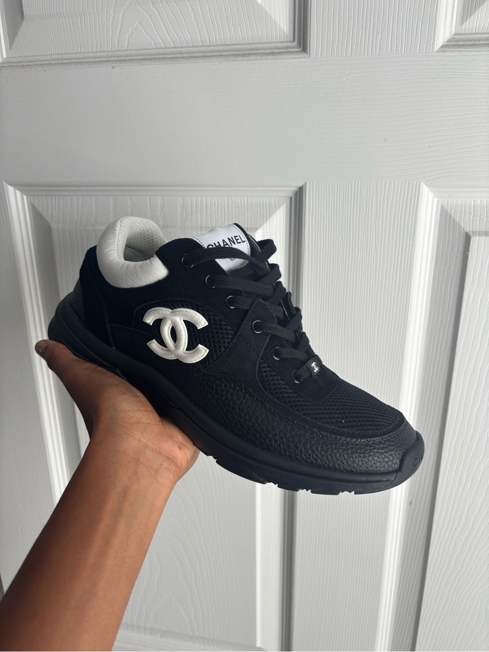 CHANEL Black and White CC Logo Mesh & Leather Sneaker